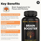 Vital Vitamins Brain Supplements with Bacopa Monnieri - for Memory and Focus – Nootropic Brain Booster - Caffeine-Free Support for Adults & Seniors – Non-GMO, 30-Day Supply, 30 Capsules
