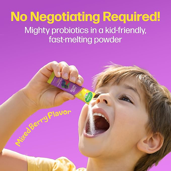 Culturelle® Kids Complete Probiotics Fast Melts Mixed Berry Flavor 30 Count Sugar Free‡ Prebiotic + Probiotic Powder for Digestive and Immune Health, Supports Daily Regularity *