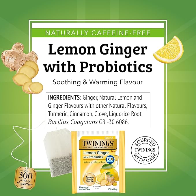 Twinings Lemon & Ginger with Probiotics Flavoured Herbal Tea, Supports Healthy Digestion, Naturally Caffeine-Free, 18 Tea Bags (Pack of 6), Enjoy Hot or Iced, 108 Teabags