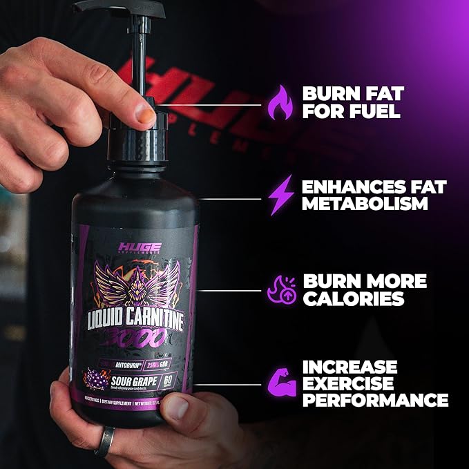 Huge Supplements Liquid L-Carnitine 3000, Superior Potency Infused with 500mg MitoBurn & 25mg GBB, Premium Stim-Free Thermogenic Fat Burner & Energy Boost, Convenient Pump Top, 32 Oz (60 Servings)