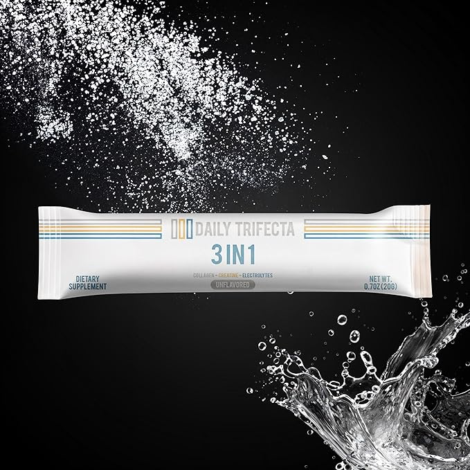 DAILY TRIFECTA 3-in-1 Collagen, Creatine & Electrolyte Stick Packs | Type I Collagen, Creatine Monohydrate, Zero Sugar | 30 Natural Single-Serve Packets | Strength, Hydration & Recovery (Unflavored)