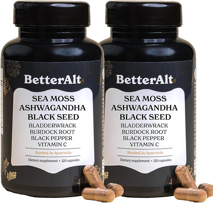 3000mg Iris Sea Moss, 2000mg Black Seed Oil, 1000mg Ashwagandha, 1000mg Burdrock Root, 1000 mg Bladderwrack with Black Pepper & Vitamin C |Vitality & Energy Support | All-in-one supplement| Pack of 2