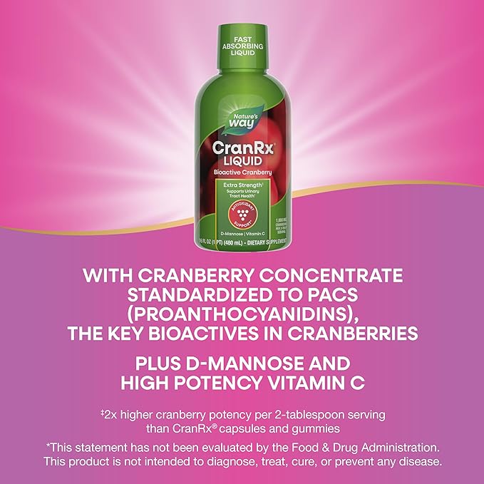 Nature's Way CranRx Extra Strength(1) Liquid, Supports Urinary Tract Health*, 1,000 mg Cranberry per 2-Tbsp Serving, D-Mannose, Vitamin C, Hibiscus, Gluten Free, Vegan, 16 Oz (Packaging May Vary)