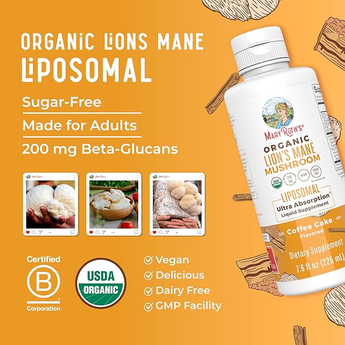 MARYRUTH'S Organics Lions Mane Supplement | Ultra Absorption Liposomal | Full Spectrum Lion's Mane Mushroom | 200mg Beta-Glucans Per Serving | USDA Organic | Vegan | 7.6 oz | 15 Servings
