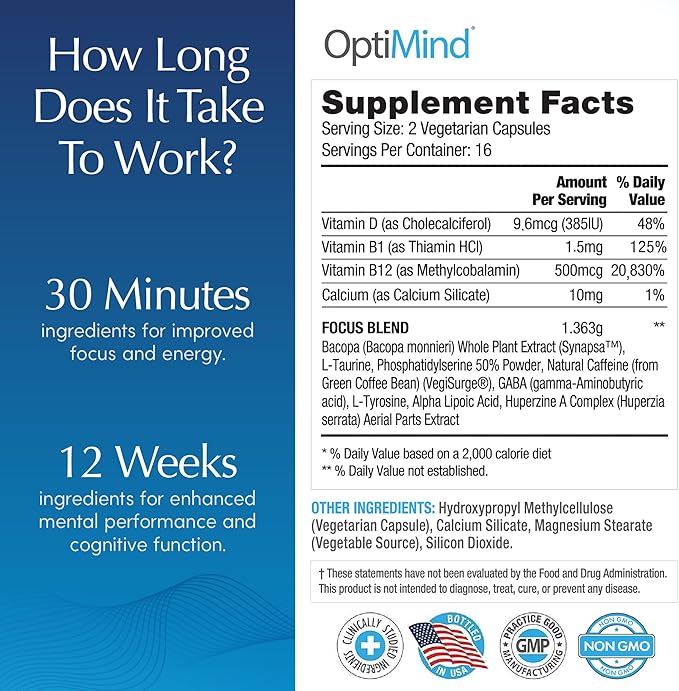 Optimind Brain Supplement for Memory and Focus, Nootropic with Synapsa®, Phosphatidylserine, Vitamin B1 B12, Non-GMO, Mental Clarity, Cognitive Support, Clinically Studied Ingredients, 64 Capsules