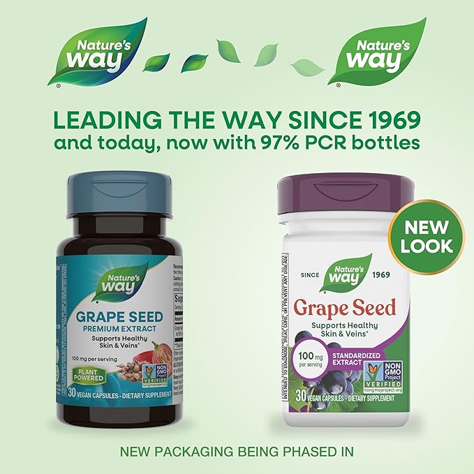 Nature's Way Grape Seed Standardized Extract, Supports Healthy Skin and Veins*, Antioxidant Support*, Non-GMO Project Verified, 30 Vegan Capsules (Packaging May Vary)