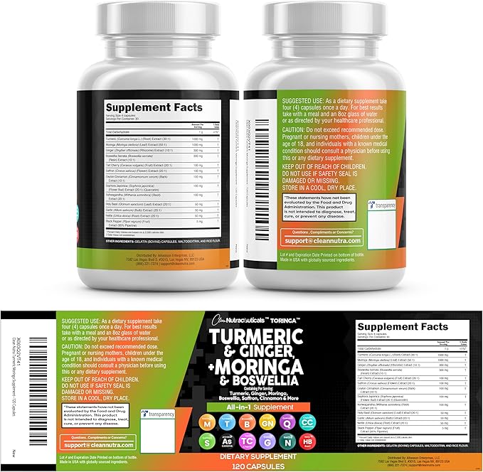 Clean Nutraceuticals Turmeric Moringa Supplement | Ginger Boswellia Saffron - Supplement for Women and Men with Ceylon Cinnamon, Tart Cherry, Quercetin Garlic Nettle Holy Basil - 1Pack
