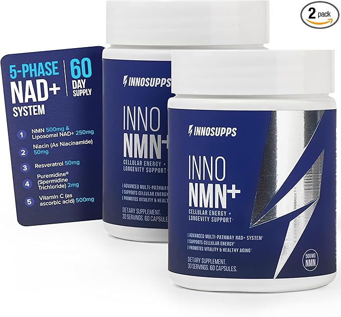 InnoSupps Inno NMN+ Supplement 500mg with NAD+ for Brain Function, Anti Aging & Cell Regeneration, Supports Cellular Energy, Muscle & Heart Health, w/Resveratrol, Niacin, & Vitamin C - 60 Servings
