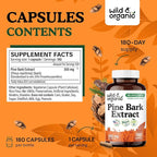 Wild & Organic Pine Bark Extract Capsules 300 mg - Antioxidant Supplement - 95% Proanthocyanidins - 180 Capsules - French Maritime Pine Bark Extract - 6-Month Supply - Pinus Maritima - Vegan, Non-GMO