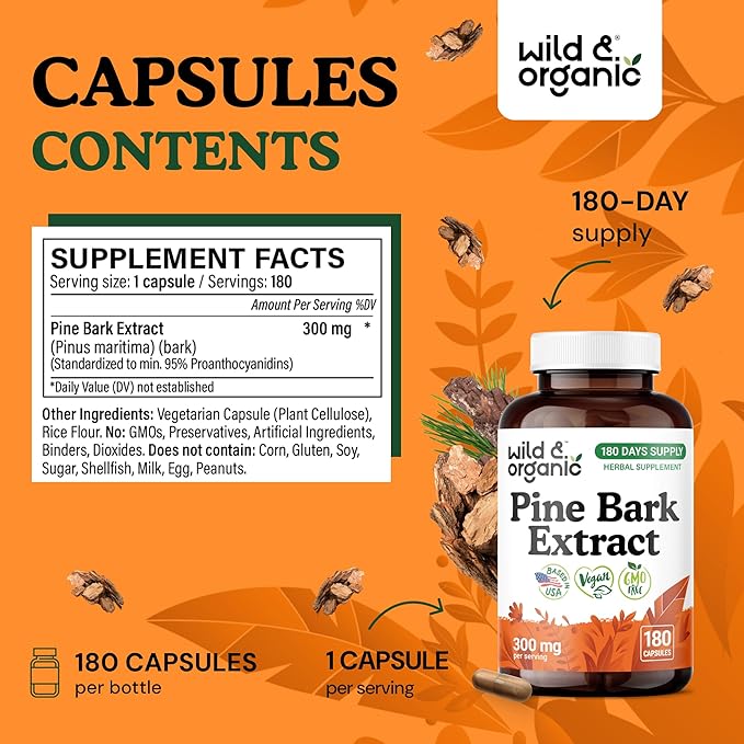 Wild & Organic Pine Bark Extract Capsules 300 mg - Antioxidant Supplement - 95% Proanthocyanidins - 180 Capsules - French Maritime Pine Bark Extract - 6-Month Supply - Pinus Maritima - Vegan, Non-GMO