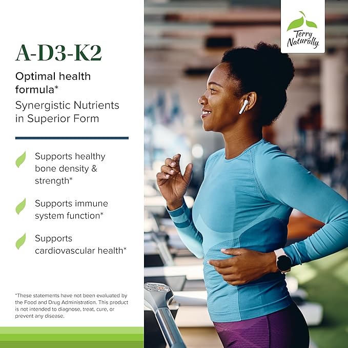 Terry Naturally A•D3•K2 - Healthy Supplement for Immune Support, Heart Health & Bone Support - Supplement for Strong Bones & Healthy Heart - Includes Vitamins A, D3 & K2-60 Softgels (60 Servings)