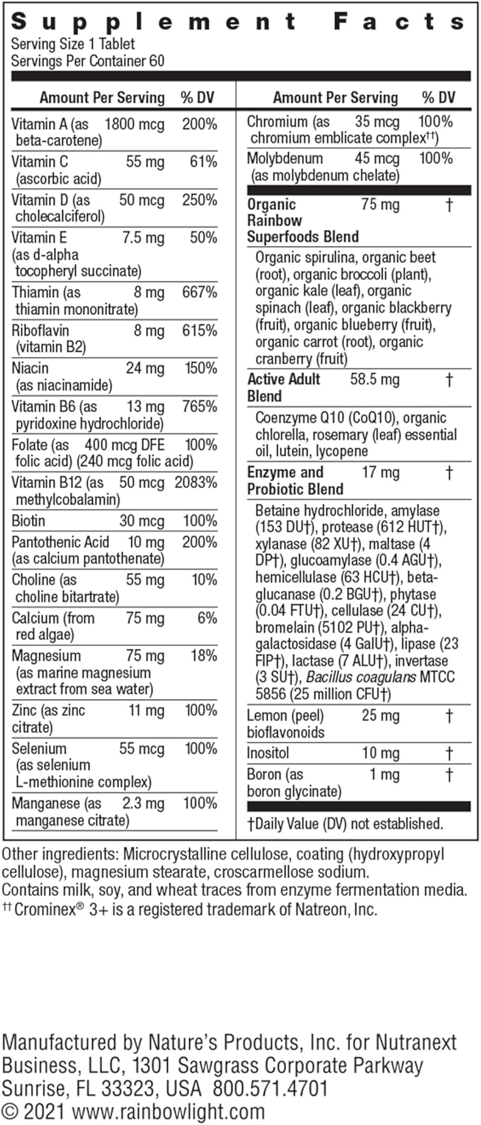 Rainbow Light Active Adult 50+ High-Potency Multivitamin, with Superfoods, 60ct, Pack May Vary