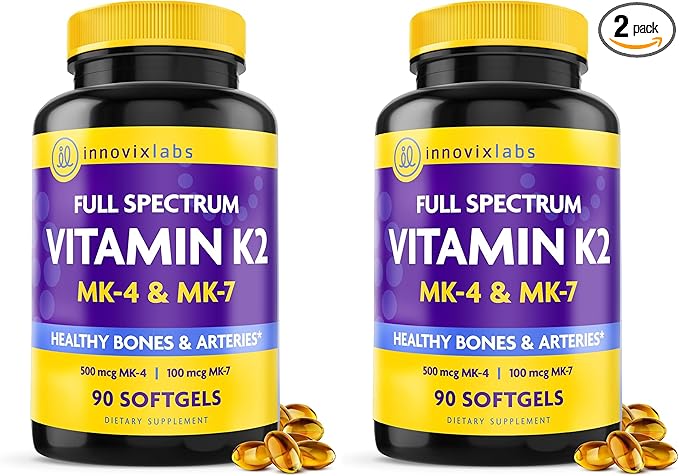 InnovixLabs Full Spectrum Vitamin K2-90 Softgels with 600 mcg of Trans Form MK7 and MK4 - Supports General Health and Bone Strength - Soy and Gluten Free K2 Vitamin Supplement (Pack of 2)