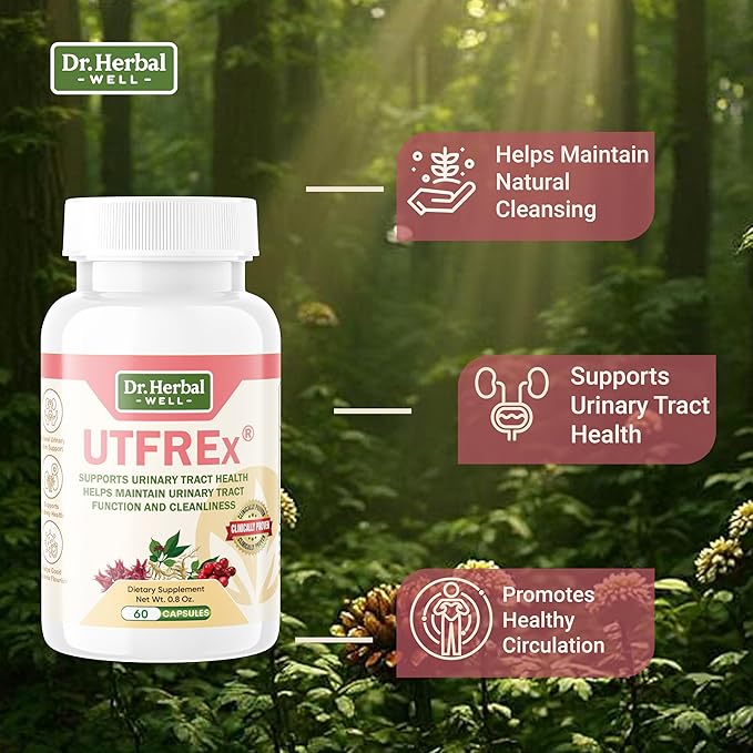 DR. HERBAL WELL UTFREX Clinically Proven Urinary Tract UTI Health Supplement Natural Support Cleanse Flush Protect (No Probiotics & D-Mannose) – 60 Capsules