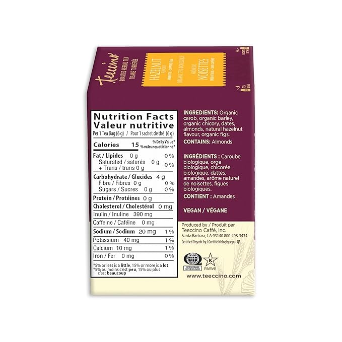 Teeccino Hazelnut Roasted Herbal Tea - Caffeine Free, Prebiotic, 3x More Herbs - 10 Tea Bags