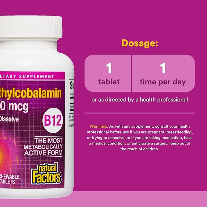Natural Factors, Vitamin B12 Methylcobalamin 1000 mcg, Chewable Support for Energy and Immune Health, Vegetarian, Gluten Free, 90 tablets (90 servings)