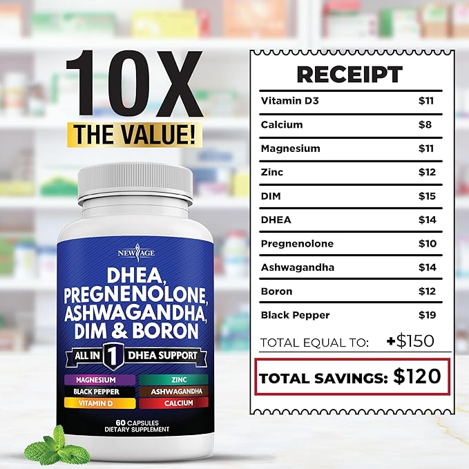 NEW AGE DHEA Supplement - Pregnenolone for Men & Women with DIM, Ashwagandha, Boron, Calcium, Magnesium, Zinc, Vitamin D3 5000iu - Support Capsules - 60 Count