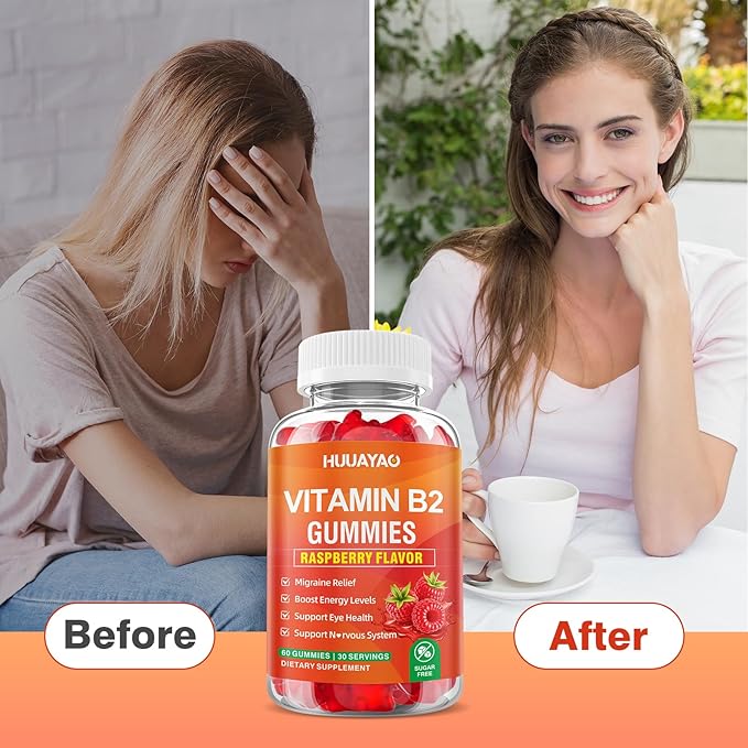 Vitamin B2 Gummies, Riboflavin Supplement with Magnesium for Kids & Adults, B2 Gummies for Migraine Relief & Nervous System Support, Vegan, Sugar-Free, Raspberry Flavor, 120 Count