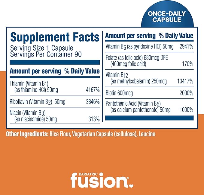Bariatric Fusion Vitamin B-50 Complex | Vegan B Complex Vitamins for Women and Men | Easy to Swallow Vitamin B Complex Capsule | 8 B Vitamins Including Vitamin B12 | 90 Count | 3 Month Supply