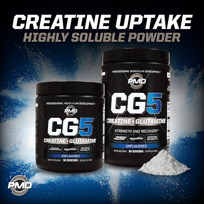 PMD Sports CG5 Premium Creatine & L Glutamine Powder, Power Recovery, Build Lean Muscle, Increase Workout Performance, Maximum Strength Pre Workout & Post Workout, Unflavored, 60 Servings (Pack of 2)