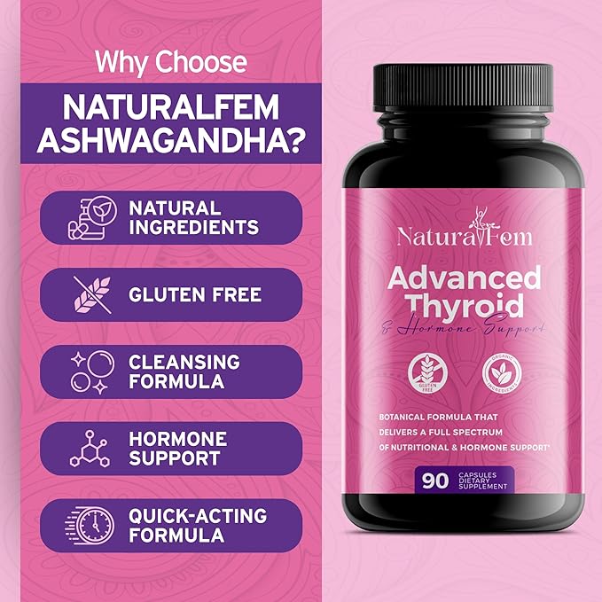 NaturalFem Advanced Thyroid Support & Hormone Balance for Women with Kelp, Turmeric, Milk Thistle, Chlorella, Aquamin & Botanical Formula - Mood & Focus Iodine Supplement - 90 Capsules