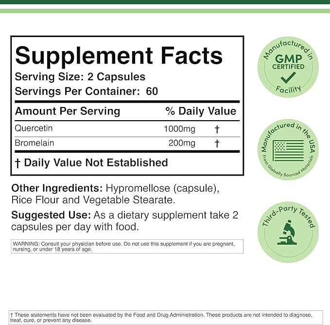 Quercetin with Bromelain - 96% Highly Purified - 120 Count (1,200mg Servings) - Supports Healthy Immune Functions in Men and Women (Vegan Safe, Third Party Tested, Gluten Free) by Double Wood