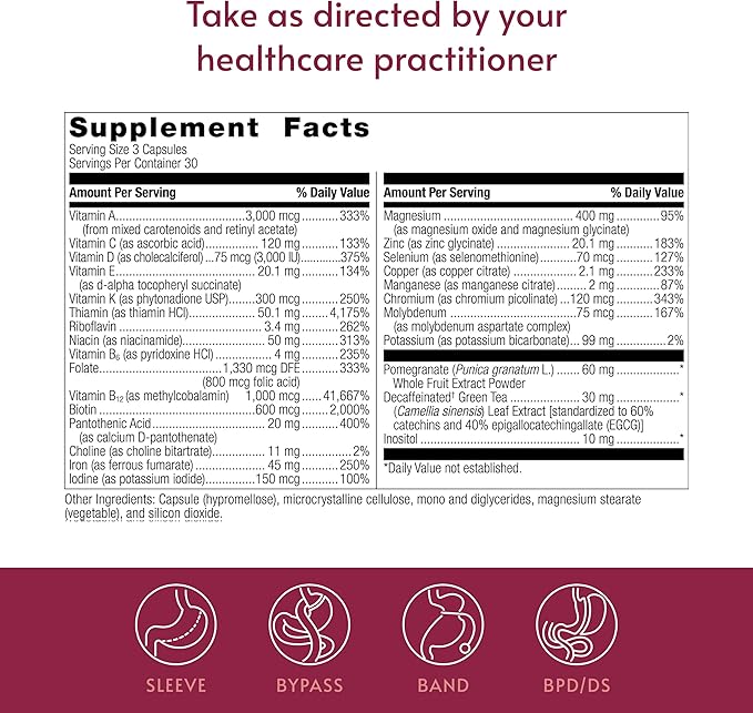 Bariatric Advantage Ultra Multivitamin with Iron - Ultra Multi with Iron - Capsule Format Multivitamin - Provides Full Complex of B Vitamins - with Vitamin C, Chromium & More - 90 Capsules