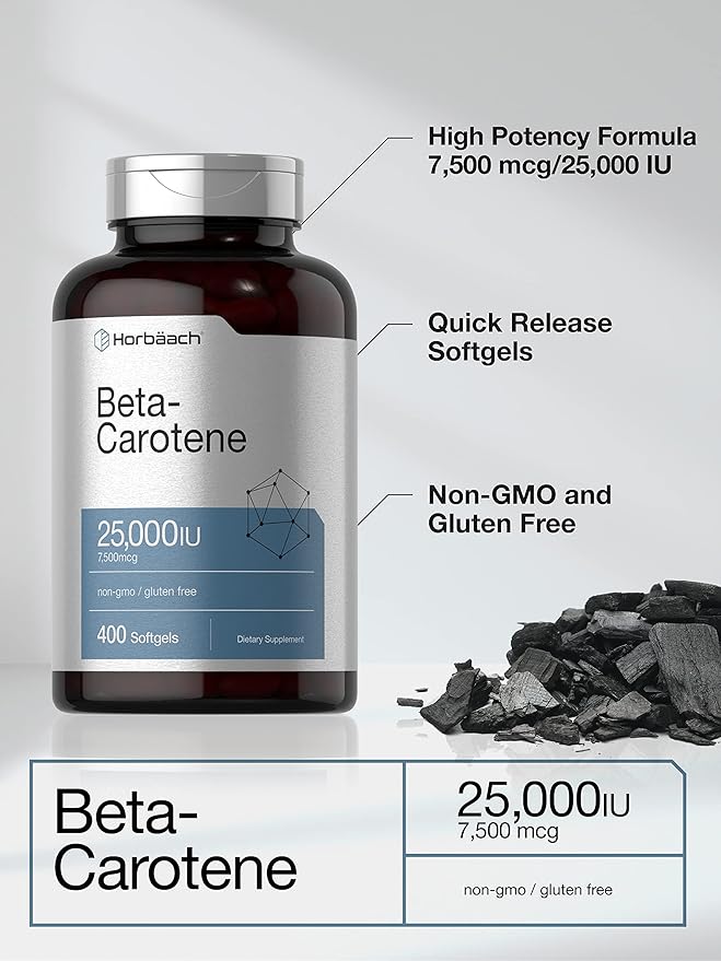 Horbäach Beta Carotene Supplement | 25000 IU Softgels | 7,500 mcg | Vitamin A | 400 Count | Non-GMO and Gluten Free Formula