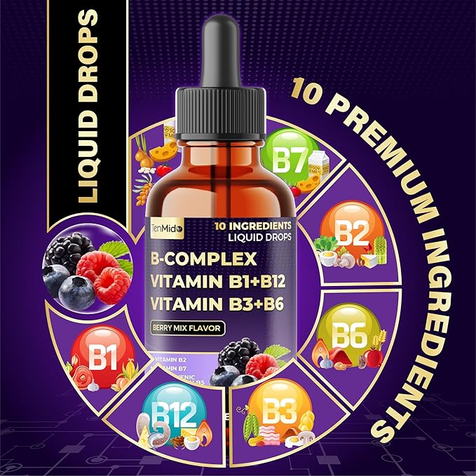 10in1 Vitamin B Complex Liquid Drops with B1 Thiamine, B12 Methylcobalamin, B2 Riboflavin, B3 Niacinamide, B5 Pantothenic Acid, B6 Pyridoxine, B7 Biotin and More - 30ml 1 Fl Oz