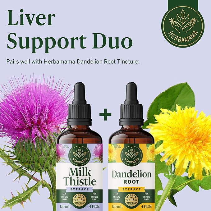 HERBAMAMA Milk Thistle Supplement - Vegan Liver Support with Milk Thistle Extract Tincture - Non-GMO, Alcohol & Sugar-Free Liquid Silymarin Liver Detox Drops, 56-Day Supply