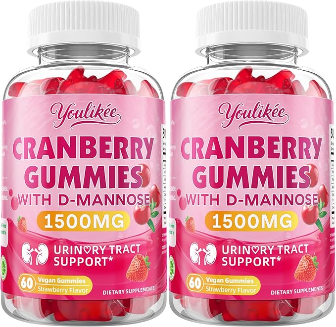 2 Pack Vegan Cranberry Gummies with D Mannose - Supports Urinary Tract Health for Women & Men, Sugar-Free, Non-GMO and Gluten Free, Strawberry Flavor, 120 Count