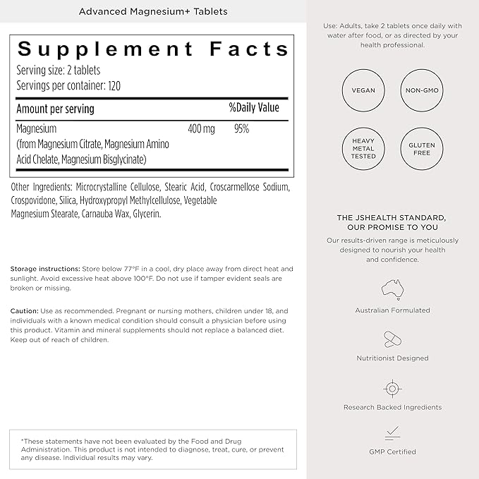 JSHealth Magnesium Supplement for Sleep. 400mg Triple-Form Glycinate, Citrate, Amino Acid Chelate. By Nutritionist Jessica Sepel (120 Tablets)