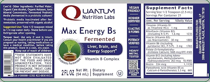 Quantum Nutrition Labs Max Energy B - Vitamin B Complex Liquid Drops, Organic Supplement for Women and Men, Vitamin B1, B2, B3, B5, B6, B12 - 2 Fl Oz