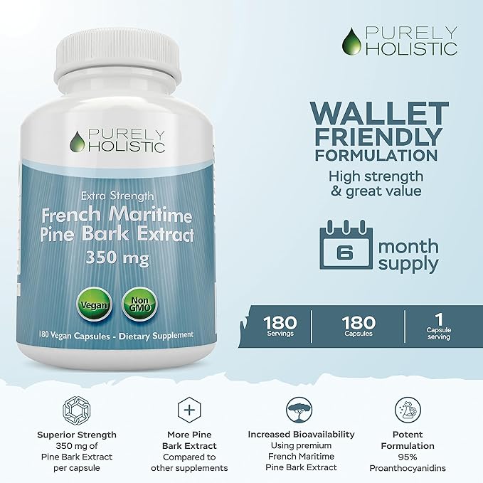 Purely Holistic Pine Bark Extract 350mg 180 Vegan Capsules 95% Proanthocyanidins - French Maritime Pine Bark Extract - Non GMO & Pesticide Free Antioxidant Supplement