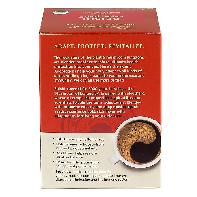 Teeccino Reishi Eleuthero Tea - French Roast - 10 TeaBags - Organic Mushroom Adaptogenic Herbal Tea, 3x More Herbs than Regular Tea Bags, Caffeine Free, Chicory Prebiotic