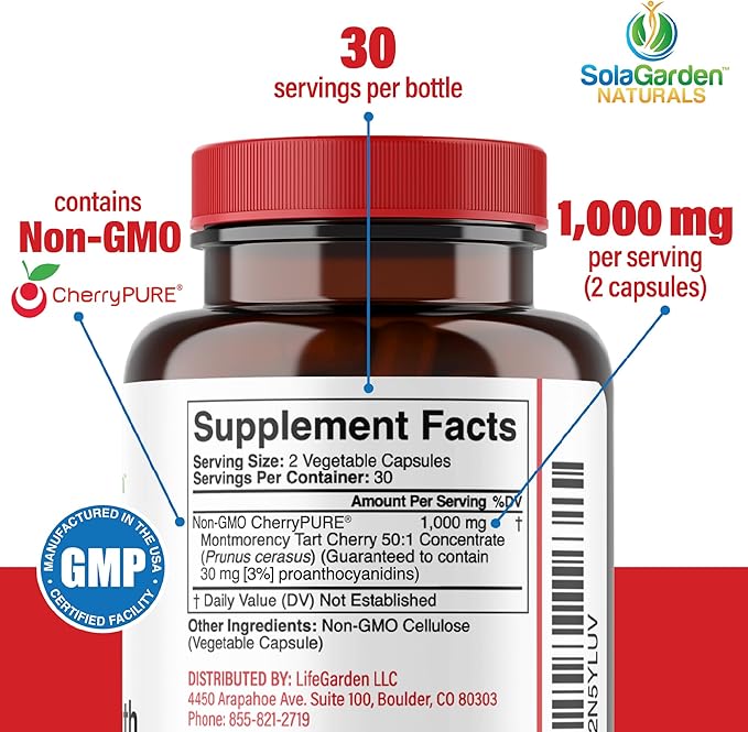Super Strength CherryPURE Tart Cherry Supplement – 50:1 Concentrate Grown in The USA - Made with Non GMO Montmorency Cherries – by SolaGarden Naturals. 60 Non GMO Veggie Capsules.