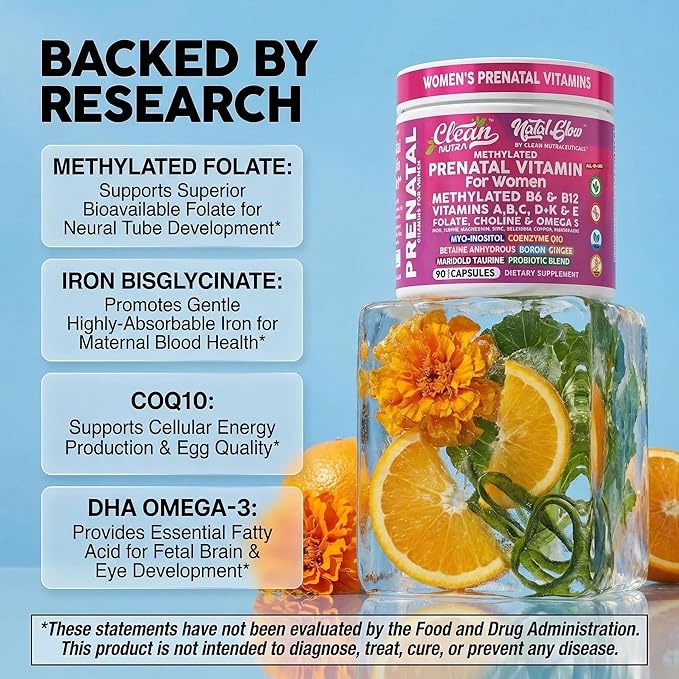 Natal Glow Methylated Prenatal Vitamins for Women Folate Omega 3 Vitamins A B12 C D3 E K2 Iron Riboflavin Biotin Choline Calcium Iodine Magnesium Zinc Selenium Copper Manganese by Clean Nutra