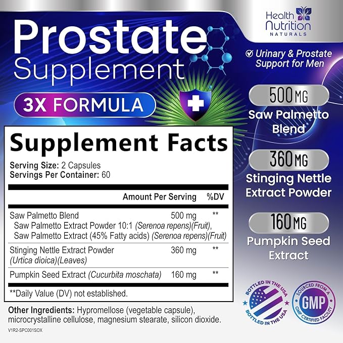 Prostate Health Supplements for Men - 3X Strength with Saw Palmetto Blend Stinging Nettle Root & Pumpkin Seed Support Complex - Supports Bathroom Trips Prostate & Urinary Health - 120 Capsules