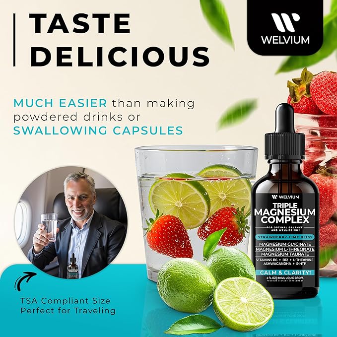 Triple Magnesium Complex Liquid Drops - Magnesium Glycinate Supplement with L-Threonate, Taurate - Ashwagandha, L-Theanine, 5-HTP, Vitamins B6, B12, Bromelain, Inositol for Mineral Balance