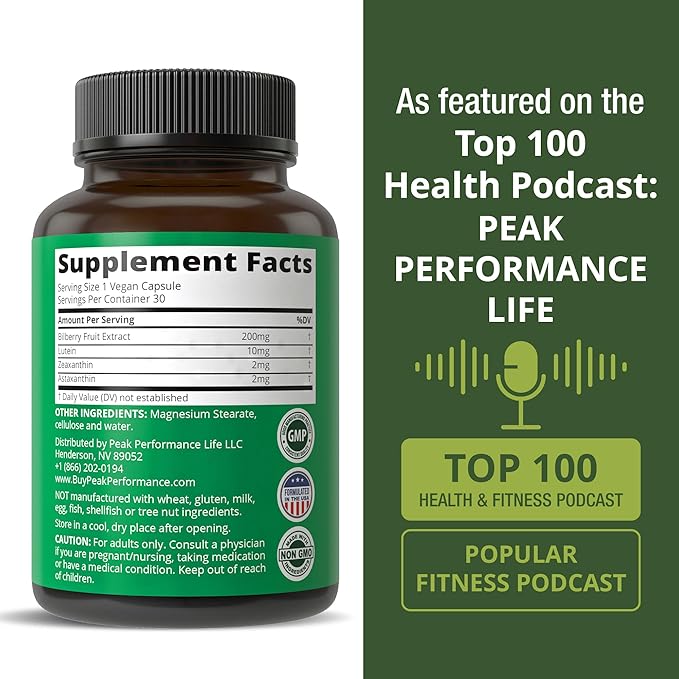 Peak Performance Eye Vitamins - Macular Support Supplement with Lutein, Zeaxanthin, Astaxanthin, Carotenoids, Bilberry Extract. Capsules for Aging Eyes, Computer, Smartphone Users. Avoid Degeneration