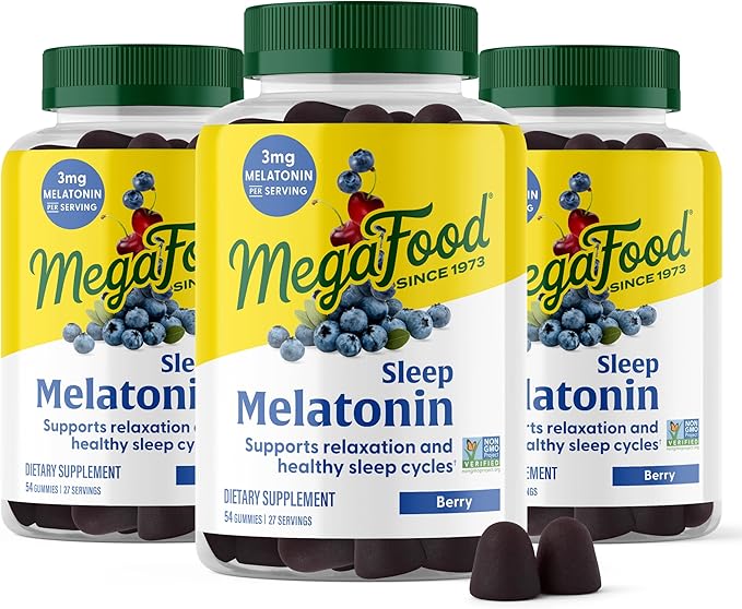 MegaFood Melatonin Gummies - Melatonin 3mg per Serving to Help Relax & Fall Asleep – Sleep Gummies for Adults - Berry Flavor, Non-GMO, Certified Vegan - 54 Count (27 Servings) 3 Pack