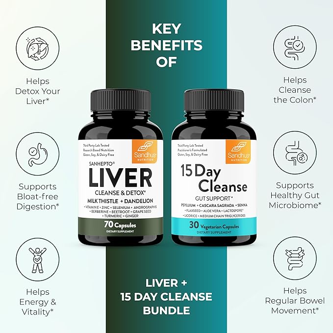Sandhu's Liver Cleanse Detox & 15 Day Gut Cleanse Support Supplement for Women & Men | Supports Liver, Gut & Digestive Health