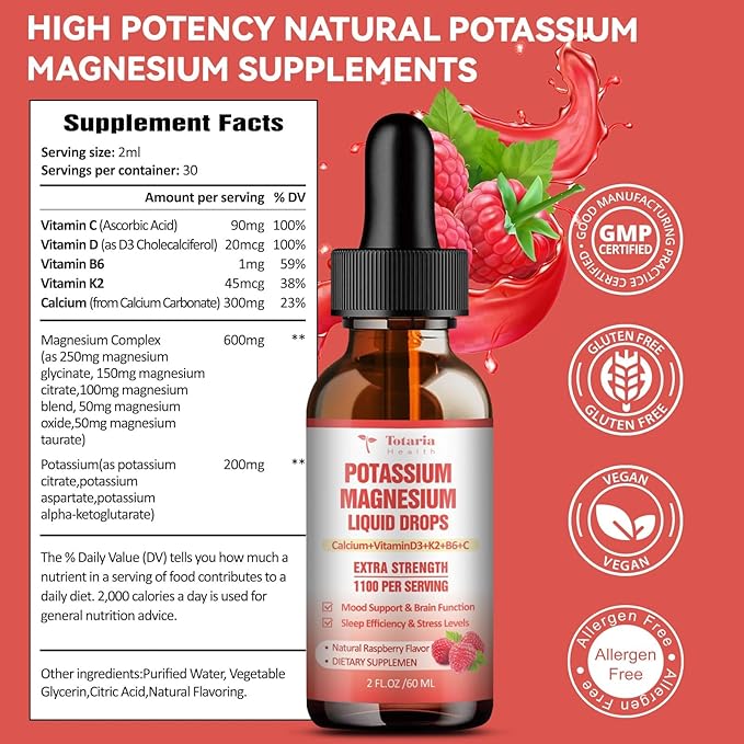 Potassium Magnesium Supplement Liquid Drops - High Absorption Potassium Supplement with Magnesium, Calcium, Vitamin D3 K2, Vegan, Non-GMO Potasio Support Leg Cramps, Bone, Muscle - 4 Fl oz