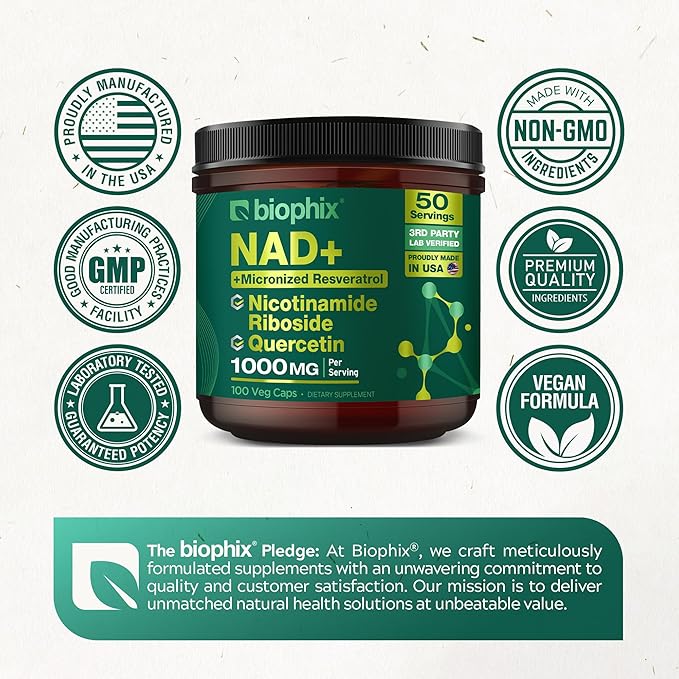 biophix NAD+ Liposomal Supplement for Women & Men - 1000 mg per Serving - Nicotinamide Riboside, Micronized Resveratrol & Quercetin Complex - 100 Veg Capsules - Non-GMO, Gluten-Free, cGMP Certified