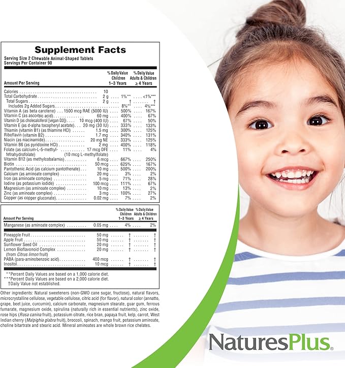 NaturesPlus Animal Parade Children's Chewable Multivitamin - 180 Animal-Shaped Tablets - Natural Assorted Flavors - Vegetarian, Gluten Free - 90 Servings