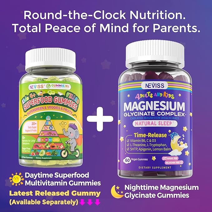 Magnesium Glycinate Gummies for Adults & Kids 4+, Sugar Free Magnesium Bisglycinate Supplement 400/200mg with B6D3, 5HTP, L-Theanine for Sleep & Relaxation, Brain, Muscle, Melatonin Free Gummies,2Pack
