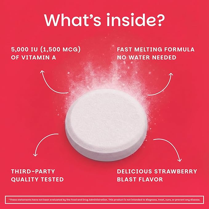 EZ Melts Vitamin A - Skin, Eye & Bone Health Supplement - Supports Healthy Nervous System - No Artificial Flavors - Non-GMO & Vegan - Strawberry Blast - 60 Dissolvable Tablets (60 Servings)