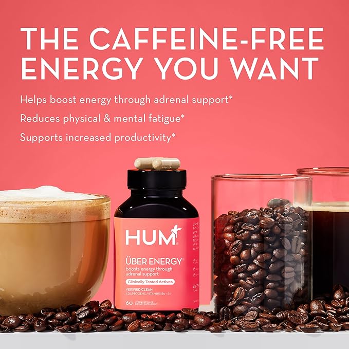 HUM Uber Energy Adrenal Energy Support Supplement with Ashwagandha Root, Ginseng, B Vitamins, Vitamin B6, B5, and Adaptogens, Supplements for Adrenal Fatigue Support, 60 Vegan Capsules