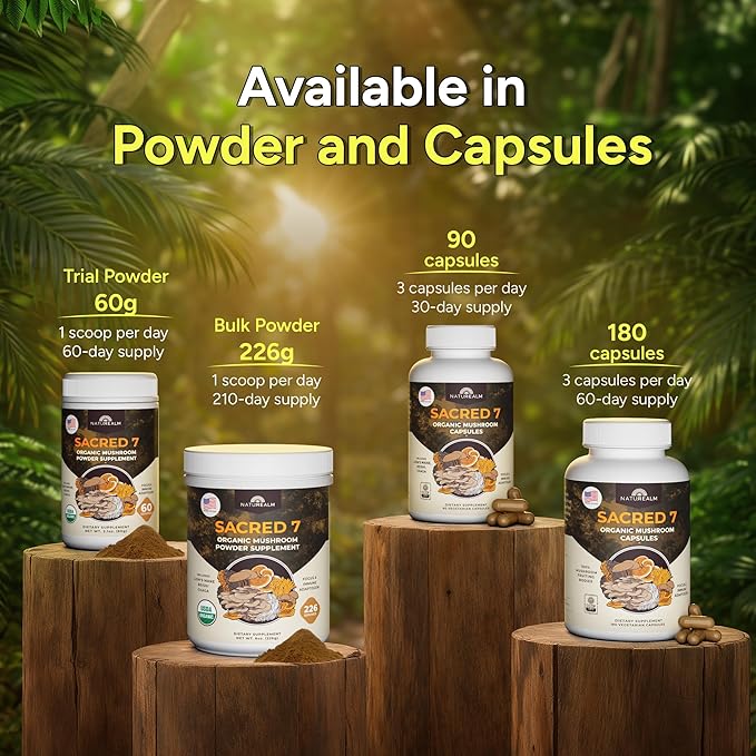 Naturealm Sacred 7 Mushroom 7-in-1 Blend Capsules Supplement (60 Day Supply) | Supports Daily Immune Defense & Focus | Lions Mane, Reishi, Chaga & More | Organic, Premium 100% Fruiting Body Extract