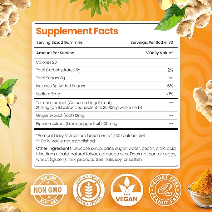 Curcumin Turmeric Gummies – 2000mg Turmeric Extract and Ginger Supplement Gummies – Vegan, Non-GMO, with Black Pepper – 60 Count – Peach Flavor – 30-Day Supply